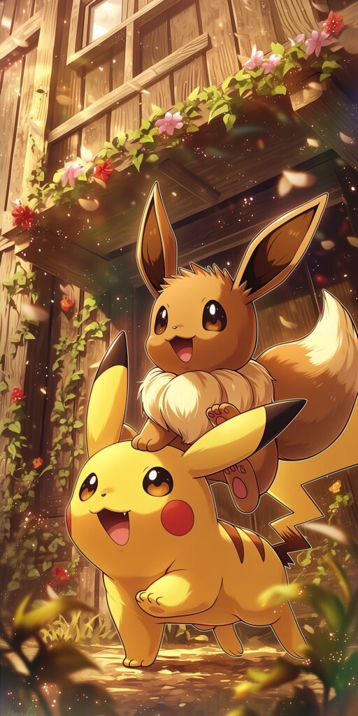 Pikachu correndo com Eevee sobre as costas diante de uma casa de madeira decorada com flores e folhagens sob uma luz dourada.