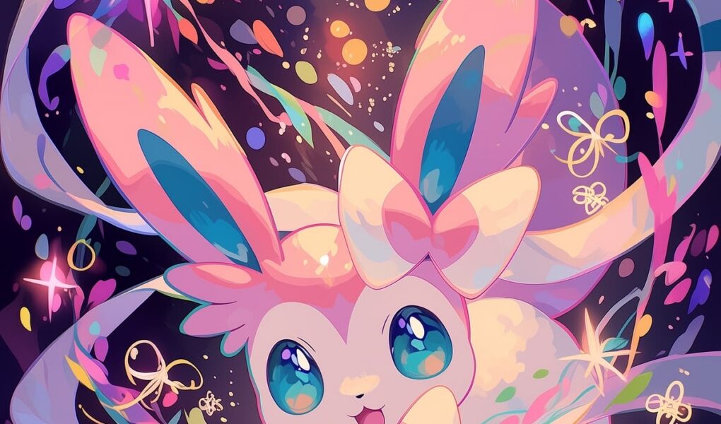 Sylveon rosa com grandes olhos azuis, laços e fitas coloridas em um cenário cósmico repleto de estrelas, brilhos e luzes vibrantes.