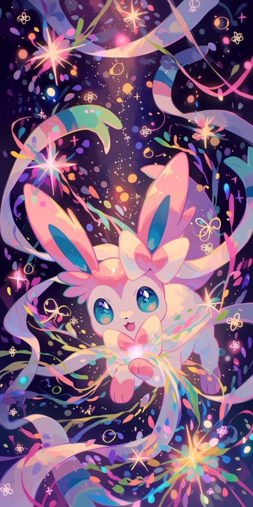 Sylveon rosa com grandes olhos azuis, laços e fitas coloridas em um cenário cósmico repleto de estrelas, brilhos e luzes vibrantes.