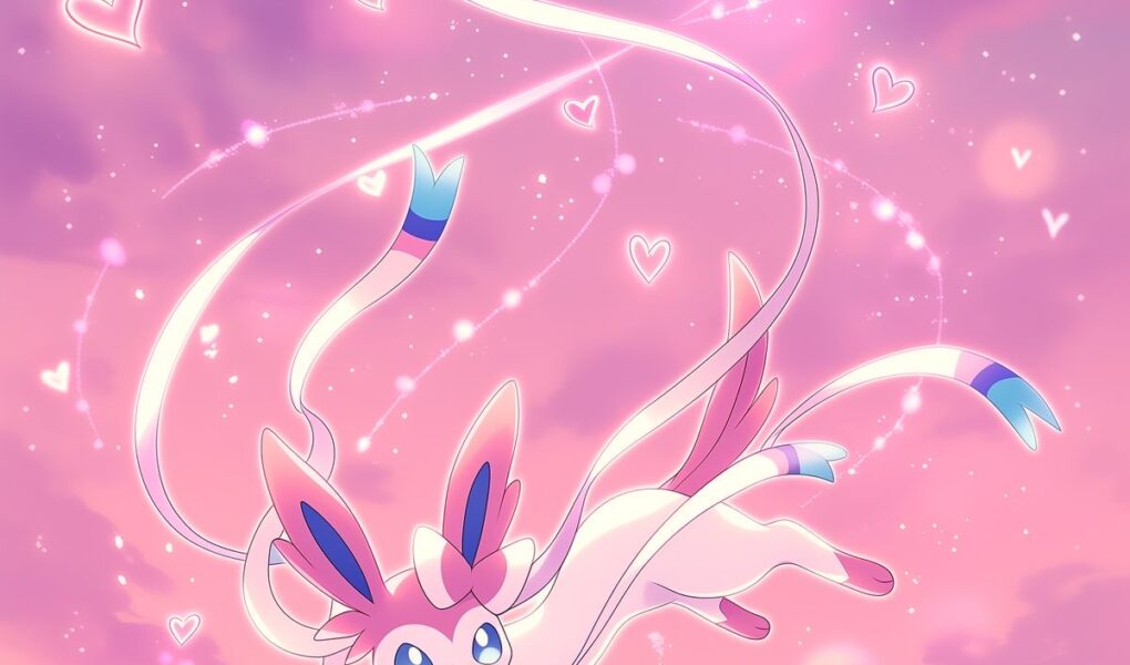 Sylveon voando sobre Espeon em um campo ao pôr do sol, cercados por brilhos e corações luminosos em um céu rosa e lilás.