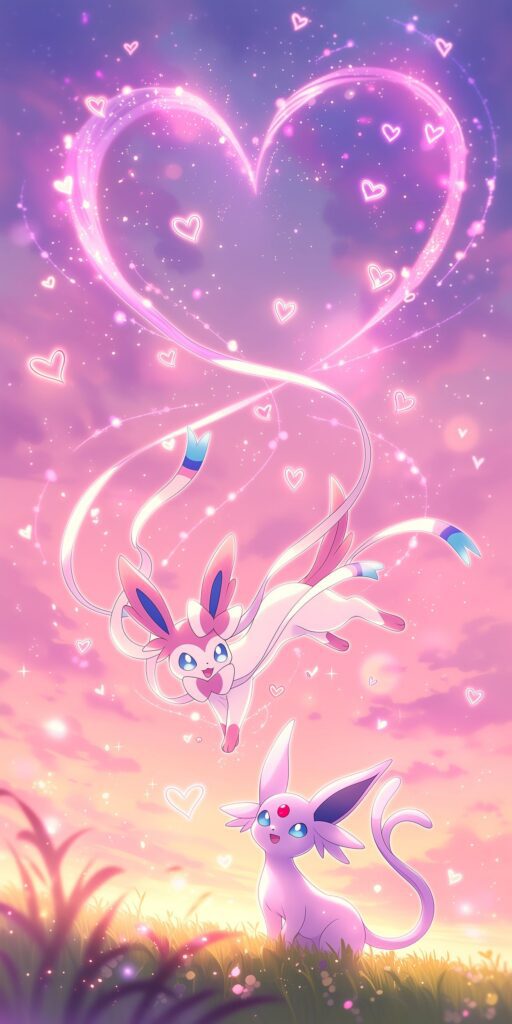 Sylveon voando sobre Espeon em um campo ao pôr do sol, cercados por brilhos e corações luminosos em um céu rosa e lilás.