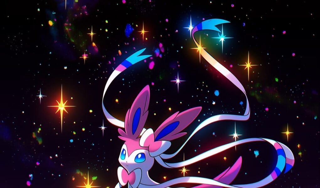 Sylveon em pé sobre uma superfície reflexiva com luzes neon coloridas, estrelas brilhantes e fundo cósmico preto.