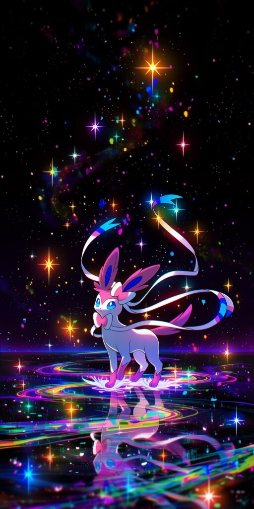 Sylveon em pé sobre uma superfície reflexiva com luzes neon coloridas, estrelas brilhantes e fundo cósmico preto.