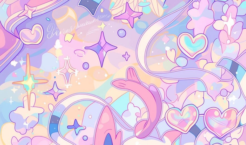 Sylveon cercado por grandes laços, fitas, corações, flores e estrelas em tons pastel de rosa, lilás, azul e amarelo.