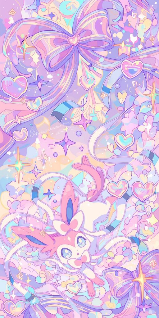 Sylveon cercado por grandes laços, fitas, corações, flores e estrelas em tons pastel de rosa, lilás, azul e amarelo.