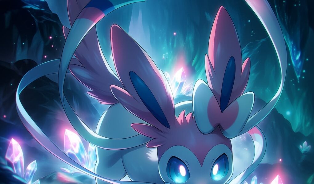 Sylveon caminhando por uma caverna escura cercada por cristais luminosos azuis e rosas.