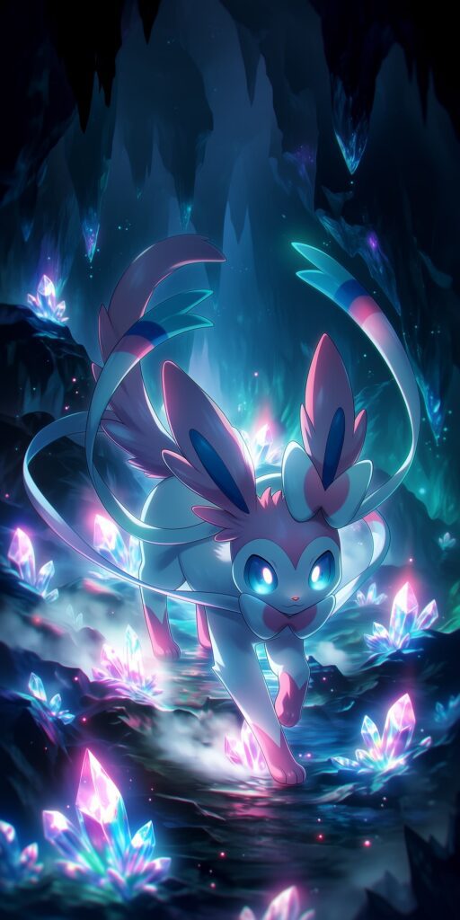 Sylveon caminhando por uma caverna escura cercada por cristais luminosos azuis e rosas.