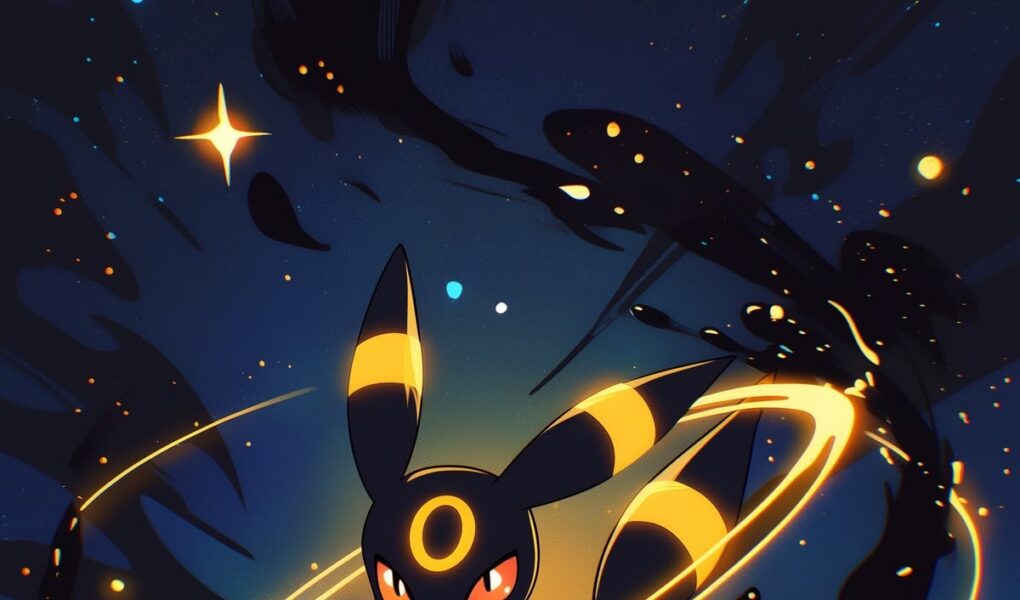 Umbreon em um cenário noturno azul-escuro, cercado por anéis de luz dourada, estrelas brilhantes e sombras abstratas.