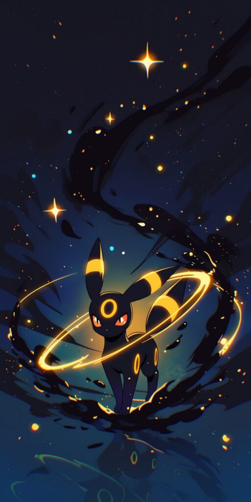 Umbreon em um cenário noturno azul-escuro, cercado por anéis de luz dourada, estrelas brilhantes e sombras abstratas.