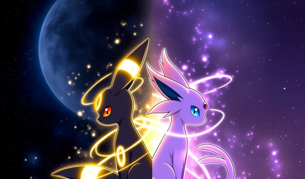 Umbreon e Espeon sentados de costas um para o outro sobre uma rocha flutuante, cercados por estrelas, planetas e energias luminosas dourada e lilás.