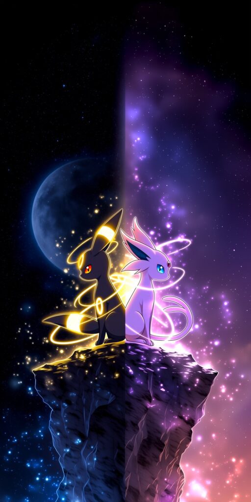 Umbreon e Espeon sentados de costas um para o outro sobre uma rocha flutuante, cercados por estrelas, planetas e energias luminosas dourada e lilás.