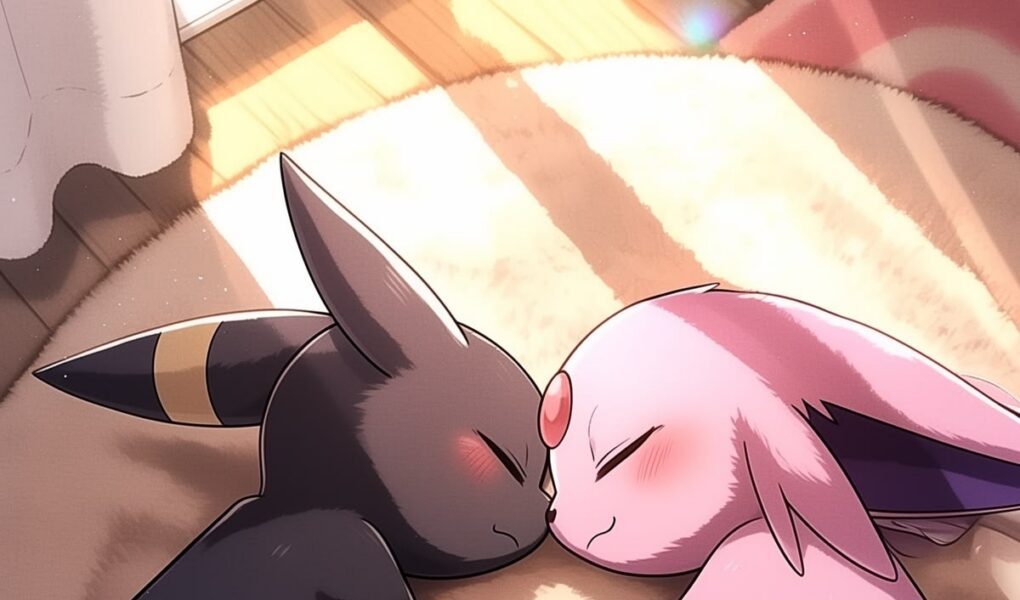Umbreon e Espeon dormindo juntos sobre um tapete macio ao lado de uma janela iluminada pelo sol.
