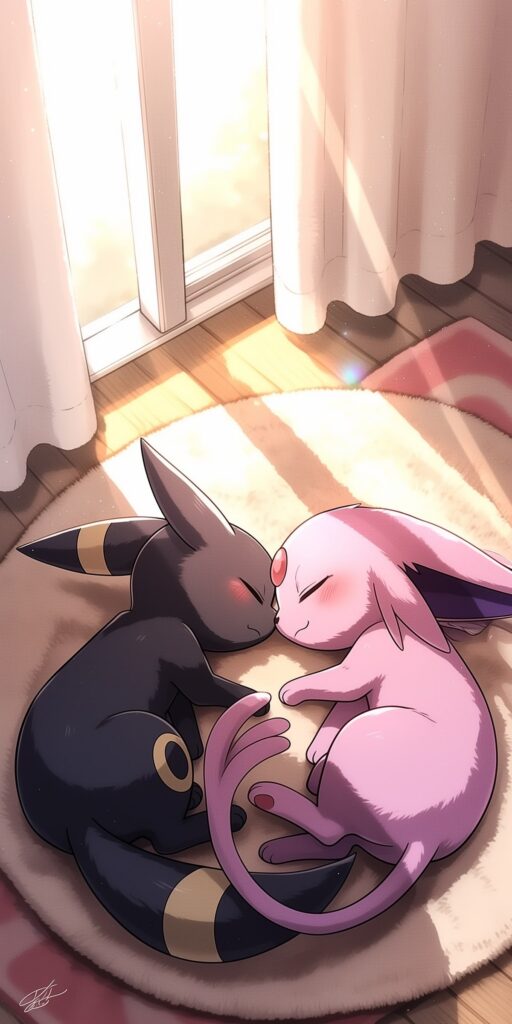 Umbreon e Espeon dormindo juntos sobre um tapete macio ao lado de uma janela iluminada pelo sol.