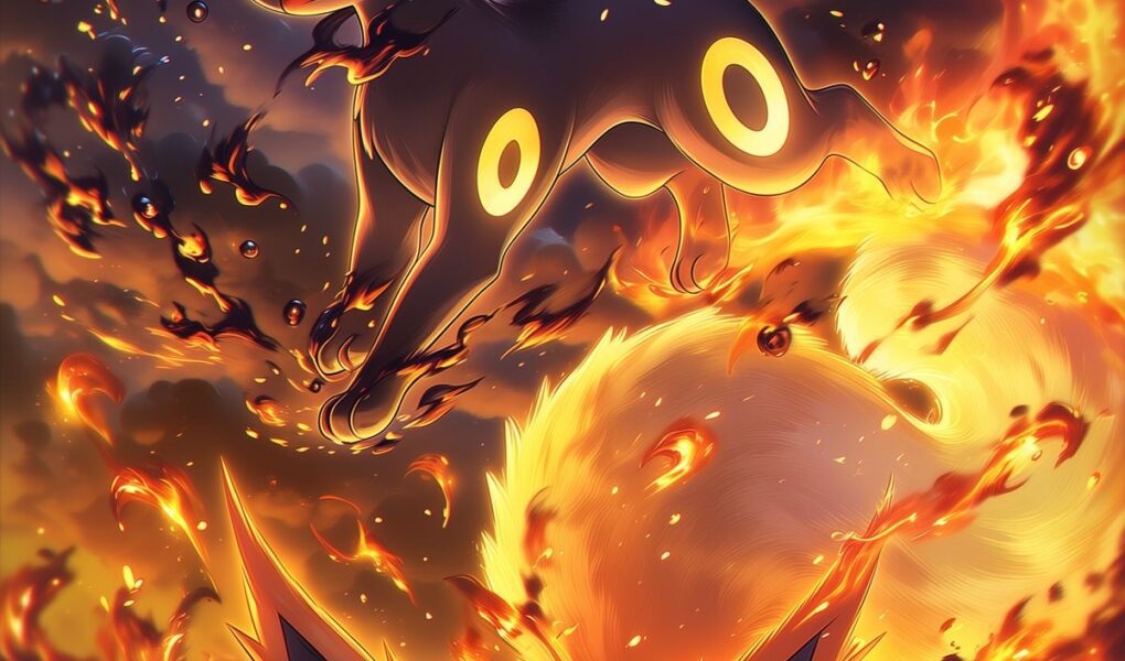 Umbreon saltando acima de Flareon em meio a chamas intensas, brasas e nuvens escuras.