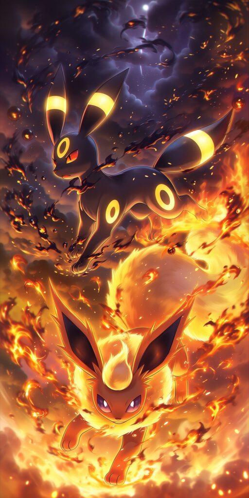 Umbreon saltando acima de Flareon em meio a chamas intensas, brasas e nuvens escuras.