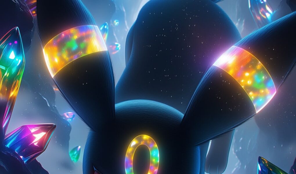 Umbreon com anéis multicoloridos e olhos vermelhos caminhando em uma caverna cercada por cristais luminosos coloridos.