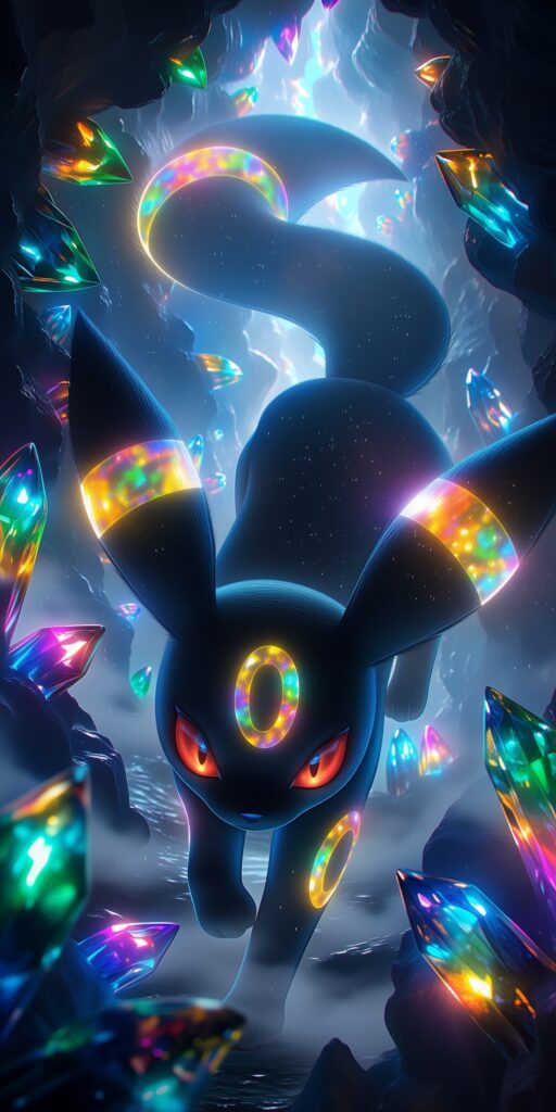 Umbreon com anéis multicoloridos e olhos vermelhos caminhando em uma caverna cercada por cristais luminosos coloridos.