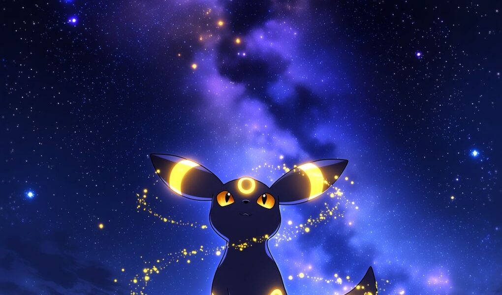 Umbreon com anéis dourados luminosos sentado sobre uma rocha flutuante diante de uma galáxia azul e roxa refletida na água.