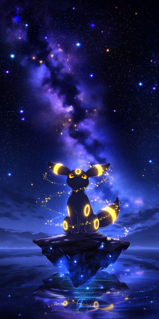 Umbreon com anéis dourados luminosos sentado sobre uma rocha flutuante diante de uma galáxia azul e roxa refletida na água.