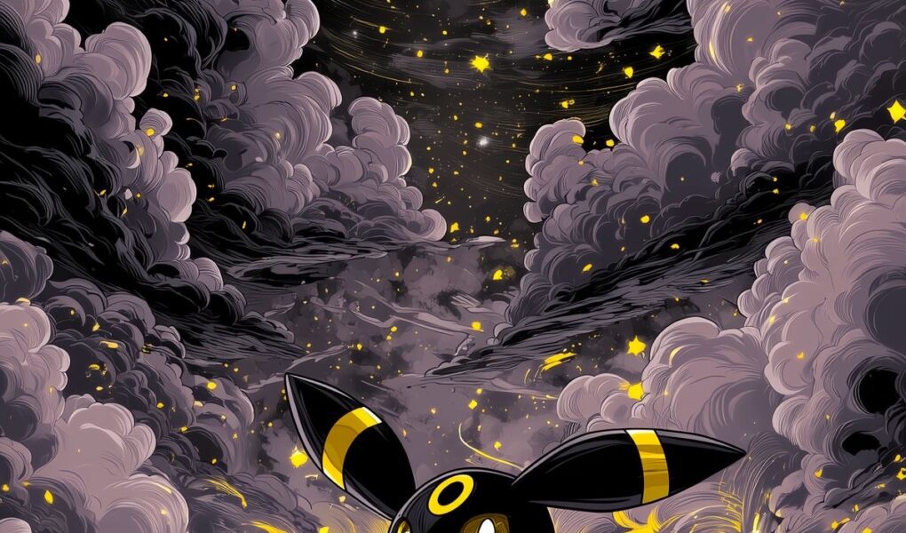 Umbreon sentado em uma paisagem vulcânica, cercado por nuvens escuras e estrelas douradas em um céu noturno.