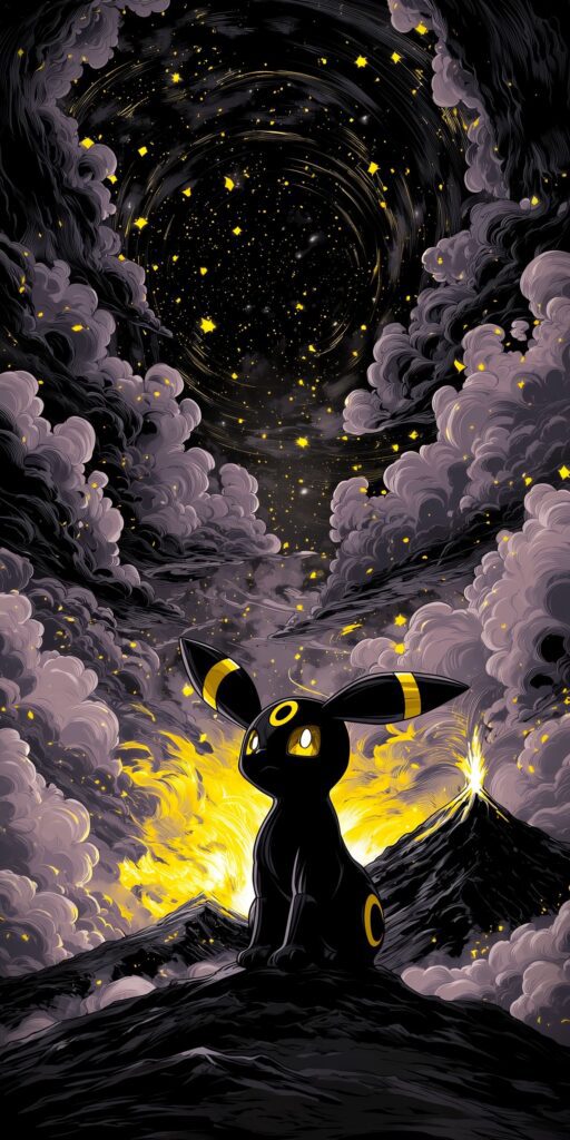 Umbreon sentado em uma paisagem vulcânica, cercado por nuvens escuras e estrelas douradas em um céu noturno.