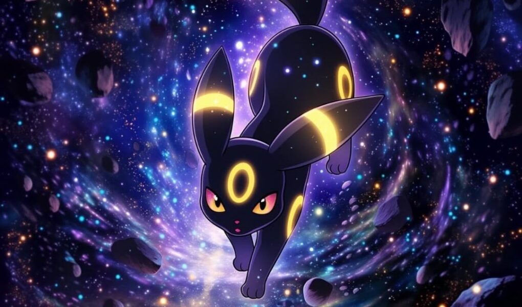 Umbreon flutuando no espaço entre asteroides, estrelas e nebulosas roxas e azuis.