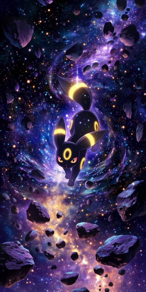 Umbreon flutuando no espaço entre asteroides, estrelas e nebulosas roxas e azuis.