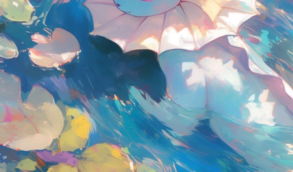 Vaporeon sobre a água entre pedras coloridas, representado em estilo aquarela com tons suaves de azul, rosa e amarelo.