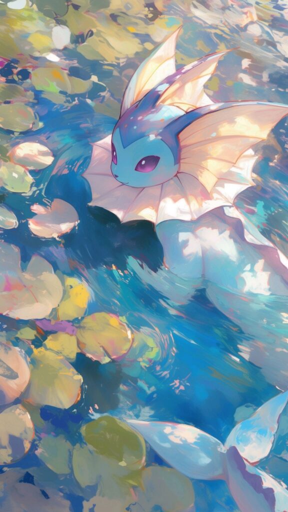 Vaporeon sobre a água entre pedras coloridas, representado em estilo aquarela com tons suaves de azul, rosa e amarelo.