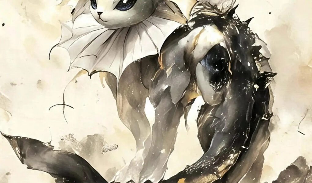 Vaporeon sobre rochas em uma pintura de aquarela e nanquim com tons de preto, bege, branco e cinza, acompanhada de caligrafia japonesa.
