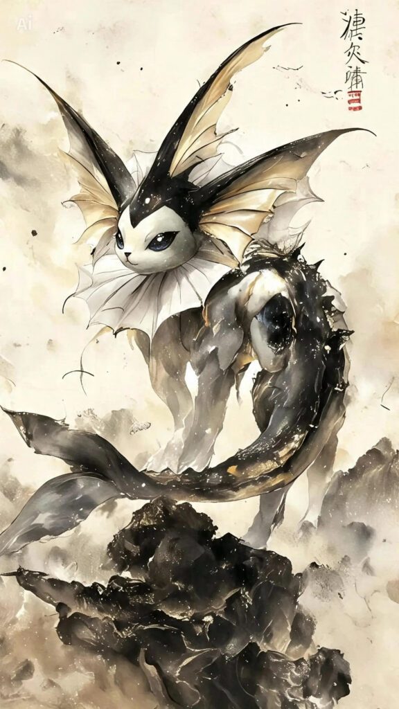 Vaporeon sobre rochas em uma pintura de aquarela e nanquim com tons de preto, bege, branco e cinza, acompanhada de caligrafia japonesa.