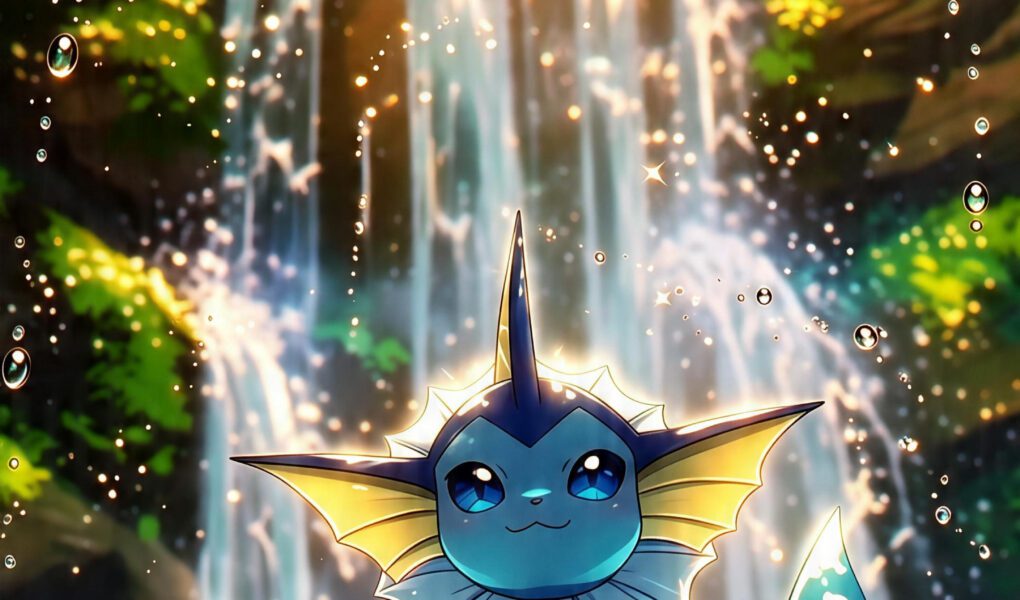 Vaporeon azul em estilo kawaii sentado diante de uma cachoeira iluminada pelo sol, cercada por folhagens e gotas de água brilhantes.