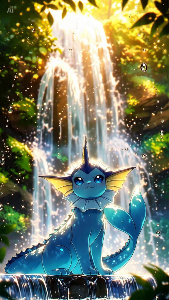 Vaporeon azul em estilo kawaii sentado diante de uma cachoeira iluminada pelo sol, cercada por folhagens e gotas de água brilhantes.