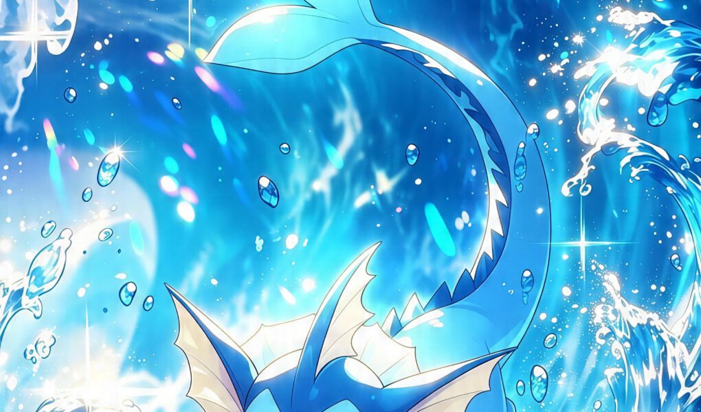 Vaporeon saltando entre ondas azuis, gotas de água e reflexos brilhantes.