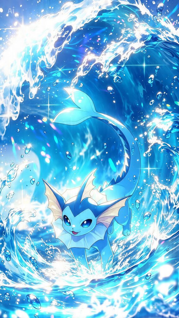 Vaporeon saltando entre ondas azuis, gotas de água e reflexos brilhantes.