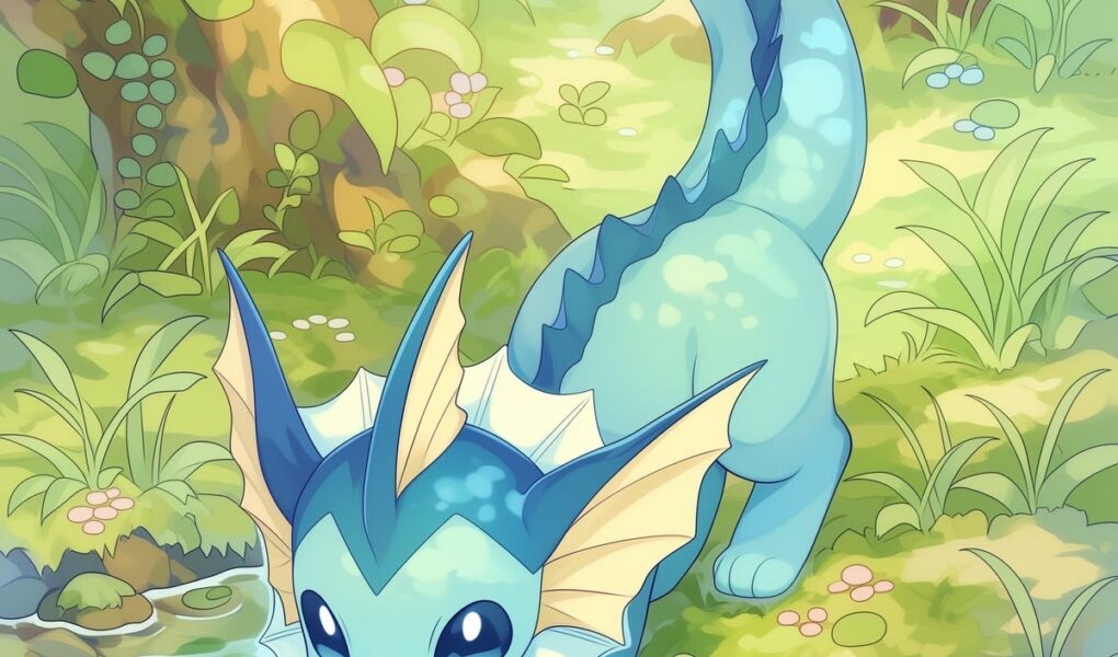 Vaporeon em estilo fofo com as patas dentro de um riacho cristalino, cercado por plantas, flores e árvores de uma floresta.