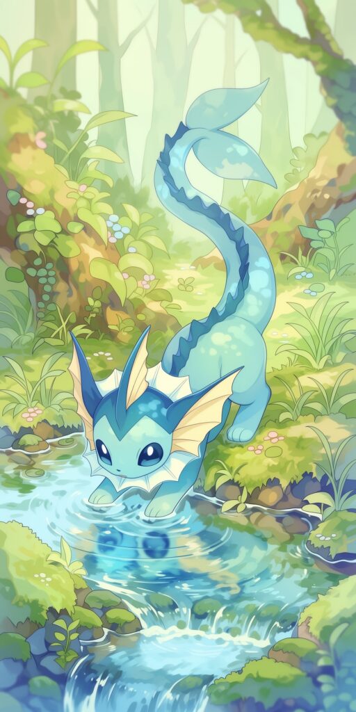 Vaporeon em estilo fofo com as patas dentro de um riacho cristalino, cercado por plantas, flores e árvores de uma floresta.