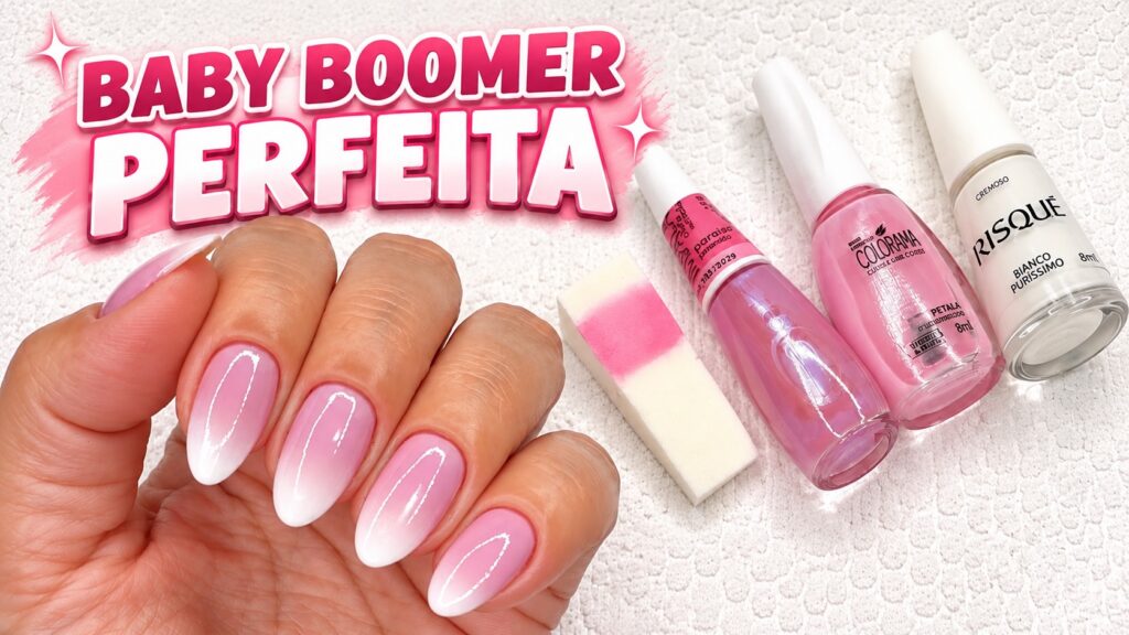 Unhas baby boomer com degradê rosinha e pontinha branca