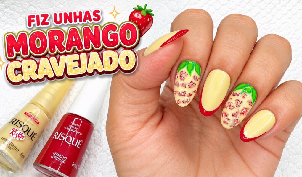 Unhas morango cravejado: a combinação criativa com francesinha vermelha