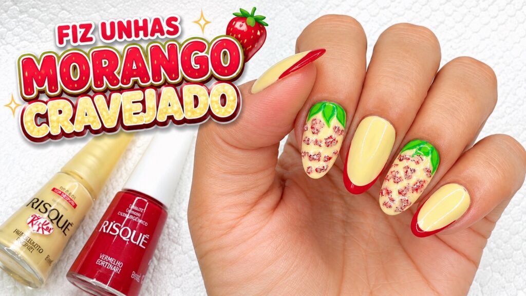 Unhas morango cravejado: a combinação criativa com francesinha vermelha
