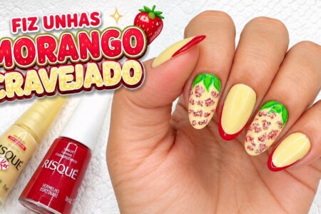Unhas morango cravejado: a combinação criativa com francesinha vermelha