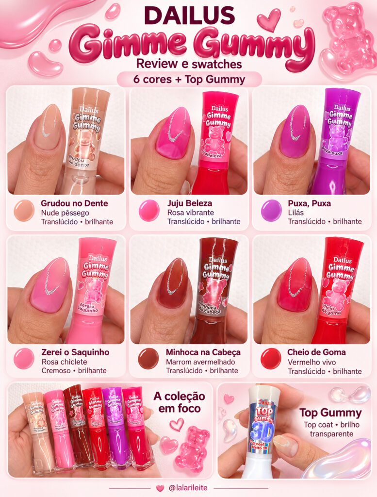 Painel editorial da coleção Dailus Gimme Gummy com seis swatches em grade de três colunas e duas linhas: nude pêssego, rosa vibrante, lilás, rosa chiclete, marrom avermelhado e vermelho vivo. Cada fotografia apresenta a unha e o frasco correspondente, acompanhados do nome e do acabamento. Na faixa inferior aparecem uma visão geral dos seis esmaltes, o produto Top Gummy e a assinatura @lalarileite.