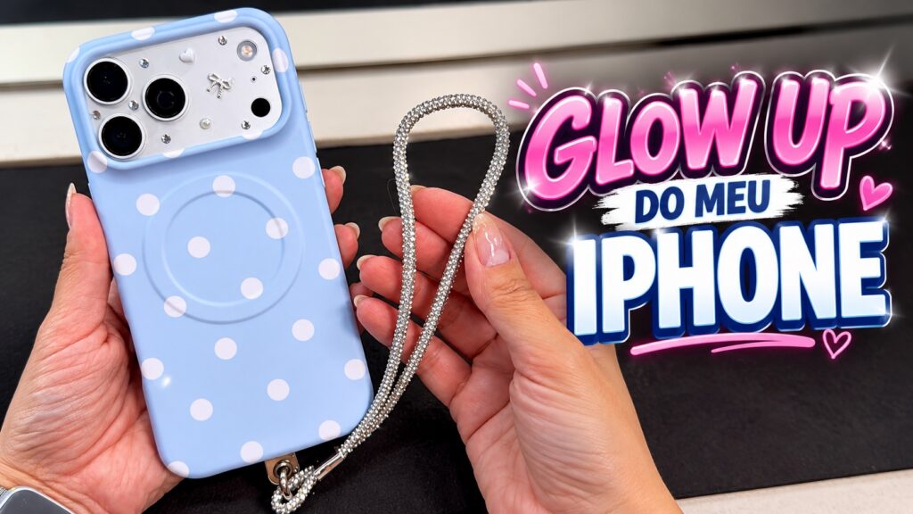 Glow up do iPhone com capa azul de bolinhas
