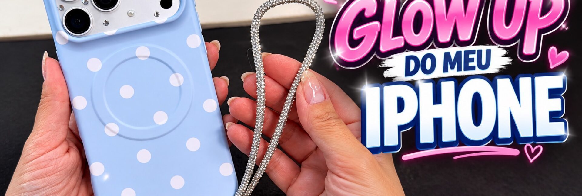 Glow up do iPhone com capa azul de bolinhas
