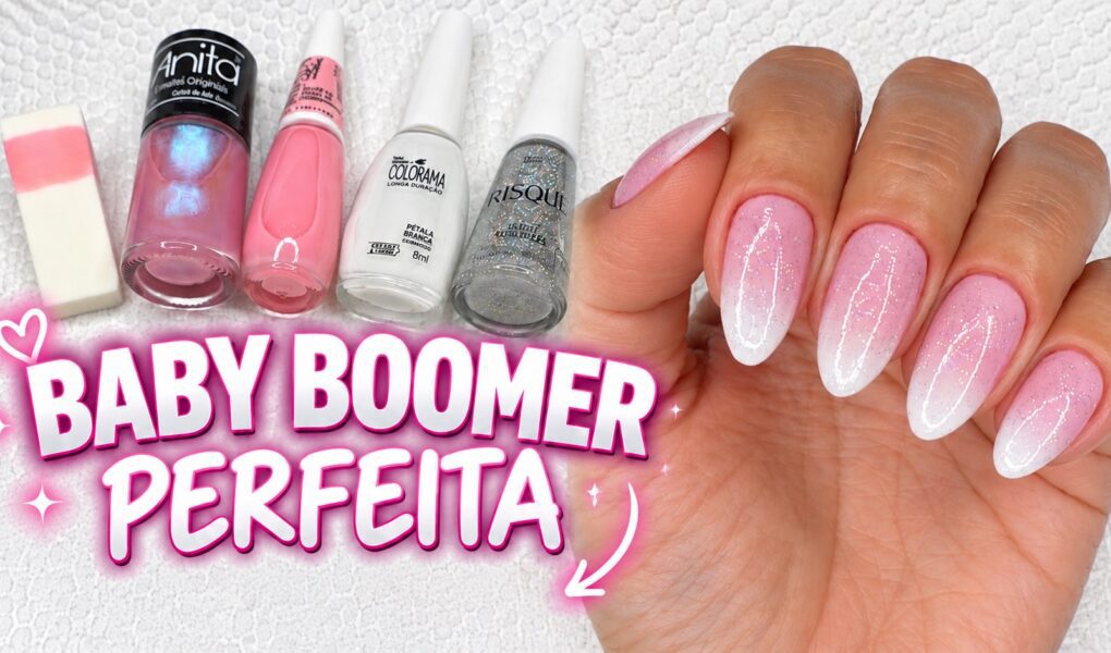 Baby boomer delicada com esmalte rosa, branco e glitter