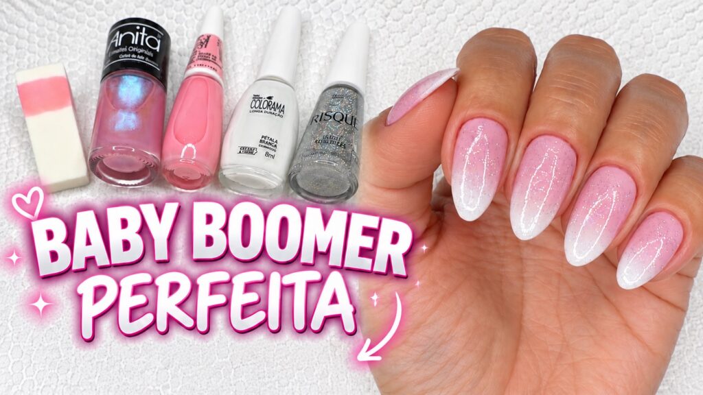 Baby boomer delicada com esmalte rosa, branco e glitter